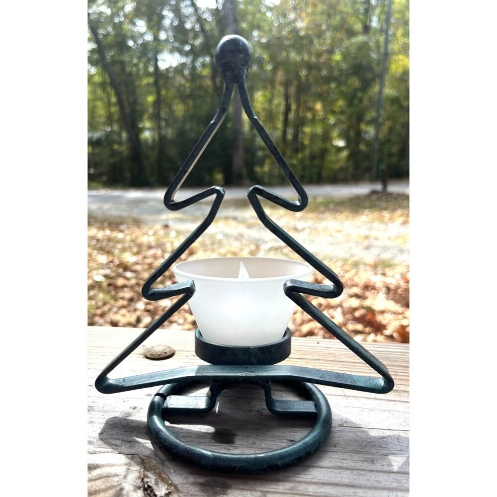 Christmas Tree Tea Light Holder Rustic Wrought Iron Green Blue Candle Stand